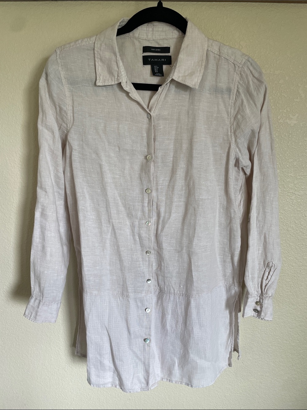 Tahari 100% Linen Beige Button-Down Blouse Top S Tunic Lagenlook Beachy Coastal